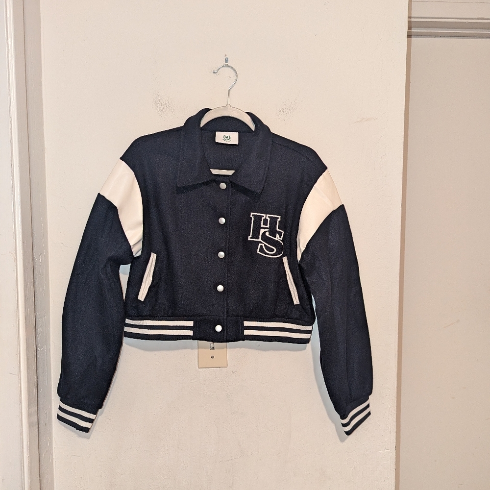 High School Blue And White Letterman Cropped Jacket Size XS / Small